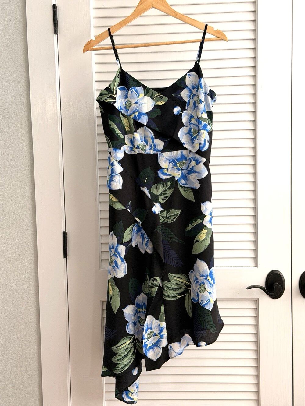 Banana Republic Floral Asymmetrical Handkerchief Hem Midi Dress Black Blue 6P